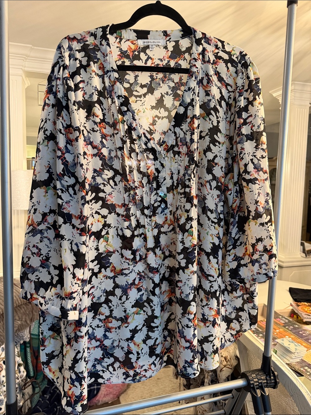 Rose & Olive Black Floral Long-Sleeve V-Neck Tunic Dress